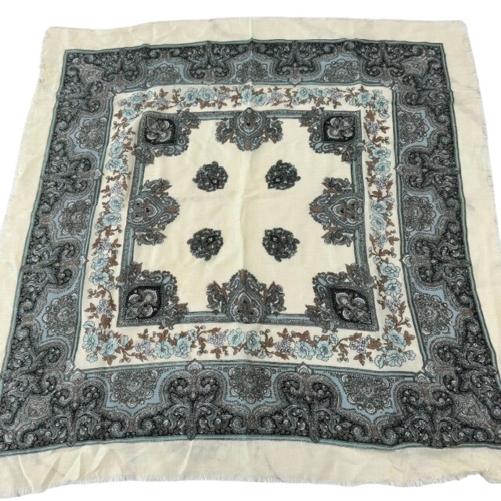 Vintage Boho Paisley Floral Fringed Square Light Scarf Cream Blue‎ Brown 29x29